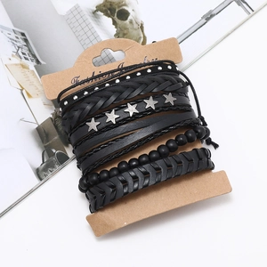 Detail of multi-layer punk star beaded bracelets on display card with rivet accents