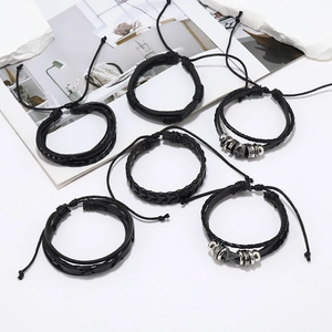 6-piece set of men's punk rock leather bracelets with skull and star charms in black