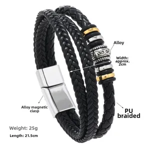 Detailed macro view of black braided PU leather bracelet with magnetic alloy buckle
