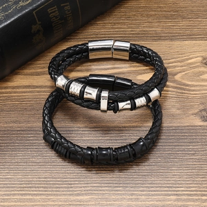 Men's double-layered braided leather bracelet with vintage magnetic alloy clasp