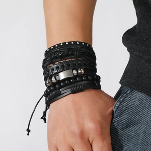 Men's multi-layer woven leather bracelet set with black beads and rivet accents