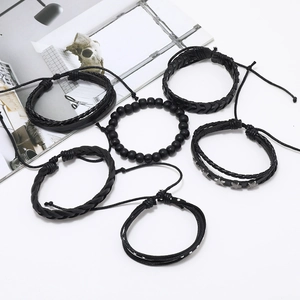 6-piece set of men's punk star beads leather bracelets in minimalist black street style