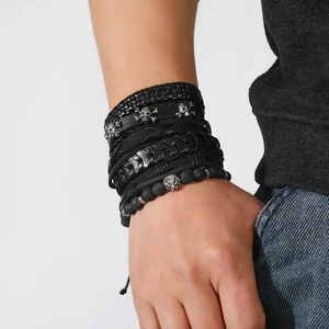 Men's punk multilayer bracelet set with skull charms, lion head pendant and lava beads