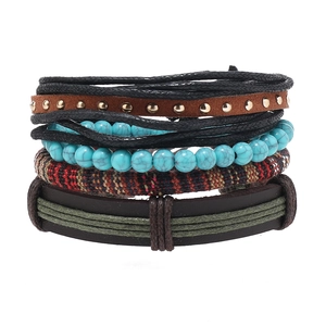 Vintage Bohemian Multilayer Bracelet Set For Women Men Handmade Faux Leather Braided Cord Artificial Turquoise Beaded Jewelry