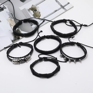 6-piece set of black braided leather bracelets with punk star and metal rivet accents
