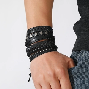 Men's punk multilayer bracelet set with leather bands, silver stars and rivet studs