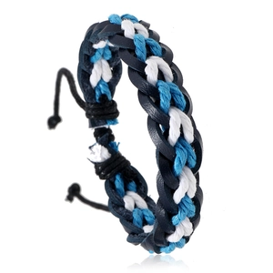 Detail of handmade braided leather and wax cord bracelet with adjustable pull-string closure