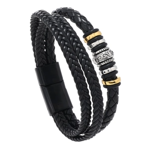 Men's double-layer braided leather bracelet with vintage engraved metal beads and magnetic clasp