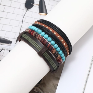 5pcs bohemian multi-layered beaded and leather bracelet set with turquoise accents