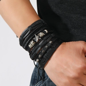 Men's multi-layer woven leather bracelet featuring metal stars and punk rivets