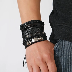 Men's multi-layer black braided leather bracelet set with metallic studs and beads