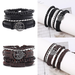 Bracelet Multicouche Vintage Homme Arbre de Vie en Cuir Synthétique Tissé à la Main Perles en Bois Punk Ajustable Bijoux Ethnique
