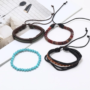 Multilayer bohemian handmade turquoise bead and woven leather bracelet set for women