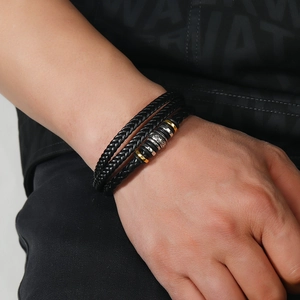 Men's multilayer black braided leather bracelet with vintage totem engraved metal beads