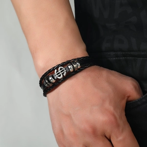 Men's multilayer black braided leather bracelet with silver dollar sign pendant charm