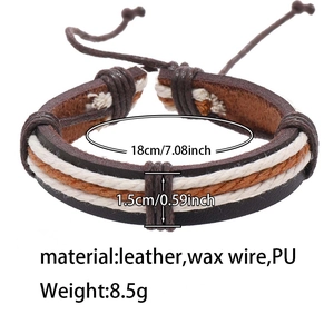 Detail view of multilayer braided leather bracelet with adjustable drawstrings and wax wire