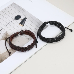 Men's vintage braided leather bracelets set in black and brown with adjustable cords