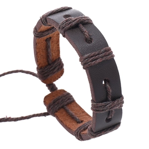 Handmade woven wax rope and brown leather bracelet for men with adjustable cords