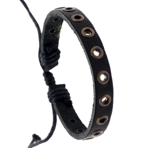 Men's punk black leather bracelet featuring bronze metal eyelets and adjustable braided cord