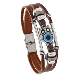 Multilayer leather bracelet with silver owl evil eye charm and stainless steel clasp