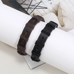 Handmade woven wax rope and leather bracelet set for men in vintage brown and black colors