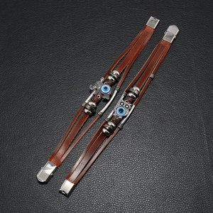 Retro multilayer leather bracelet set with evil eye bead, elephant and owl charms
