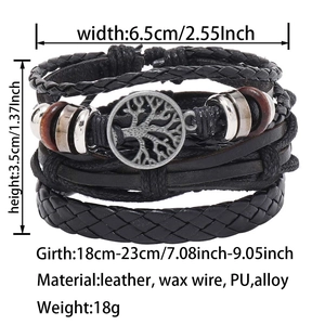 Size chart for multilayer braided Tree of Life bracelet showing dimensions and leather material