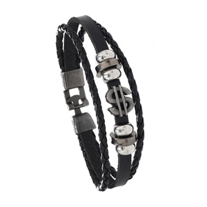 Men's multi-layer braided leather bracelet featuring a silver dollar sign metal charm