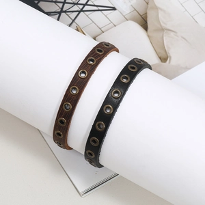 Men's retro leather woven bracelet set with bronze eyelets in black and dark brown