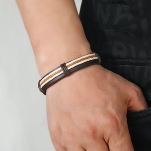 Retro multi-layer braided leather bracelet for men featuring brown and ginger woven cords