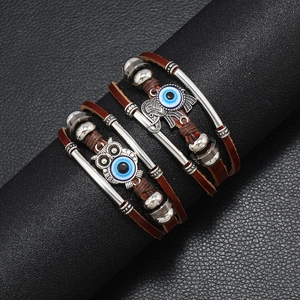 Bohemian Vintage Multilayer Leather Bracelet Men Women Stainless Steel Clasp Evil Eye Owl Elephant Charm Braided Jewelry