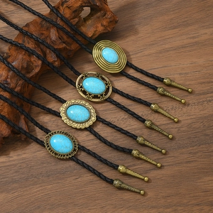 Cravate Bolo Vintage Western Cowboy Pendentif en Alliage Turquoise Artificielle Corde en Cuir Artificiel Tressé Collier Ajustable Bijoux
