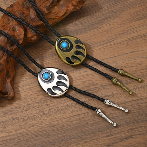 American Western Vintage Bolo Tie Bear Paw Synthetic Turquoise Pendant Alloy Braided Artificial Leather Cord Cowboy Necktie