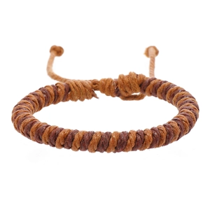 Detail of hand-woven dual-tone brown wax rope bracelet with adjustable knot closure