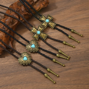 Vintage Western Cowboy Bolo Tie Alloy Cross Heart Pendant Necklace With Artificial Turquoise Braided Wax Cord Unisex Retro Jewelry