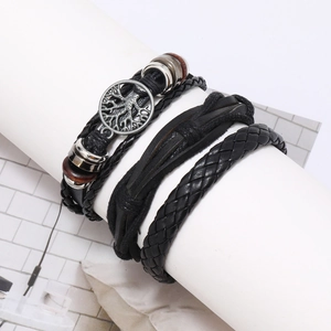 Men's multilayer black leather bracelet set with tree of life charm and wood beads