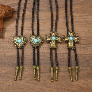 Vintage Bolo Tie set with cross and heart pendants in antique bronze and turquoise