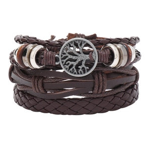 Men's multilayer leather bracelet set with retro tree of life charm on white background