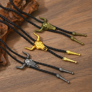 Vintage Western Cowboy Bull Skull Bolo Tie Adjustable Braided Leather Cord Bull Head Pendant Necklace For Men Women Jewelry