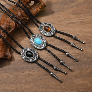 Cravate Bolo Western Vintage pour Hommes Femmes Alliage Ovale Pierre Artificielle Pendentif Ethnique Cordon en Similicuir Tressé Collier
