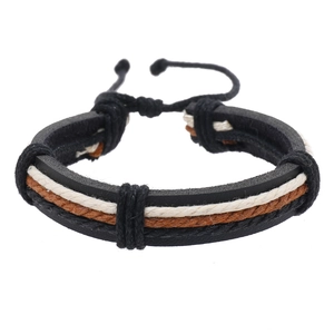 Detail of multi-layer braided leather bracelet with adjustable drawcord closure