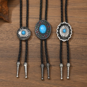 Western Turquoise Bolo Tie Vintage Alloy Pendant Braided Cord Necktie Retro Cowboy Style Unisex Fashion Jewelry Accessory Gift