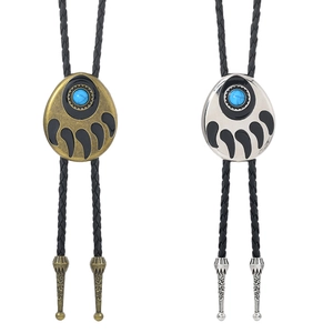 American shield bolo tie with bear paw turquoise pendant and black braided rope