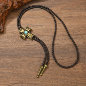Vintage cross bolo tie with turquoise stone and brown braided leather necklace cord