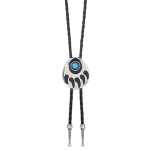 American shield bolo tie necklace with turquoise stone and black bear paw design