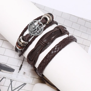 Men's multi-layer tree of life leather bracelet set with retro silver alloy charms