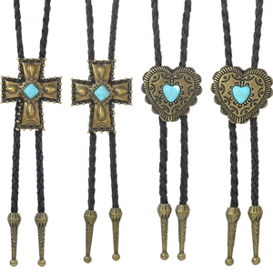 Retro bolo ties with bronze crosses and heart pendants on black braided cords