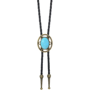 Détail de la cravate bolo vintage avec pierre turquoise bleue et cordon noir tressé