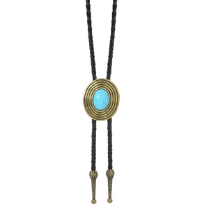 Cravate bolo vintage avec pierre turquoise et métal bronzé sur cordon en cuir tressé noir