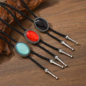 Vintage Men Bolo Tie Handmade Braided Leather Cord Turquoise Pendant Necklace Western Cowboy Ethnic Necktie For Unisex